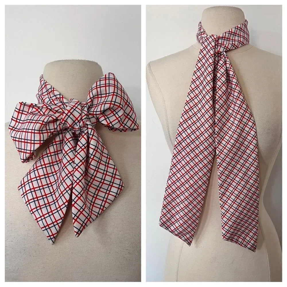 True Vintage 1960s / 1970s Red Plaid Check Ascot Pussybow Scarf